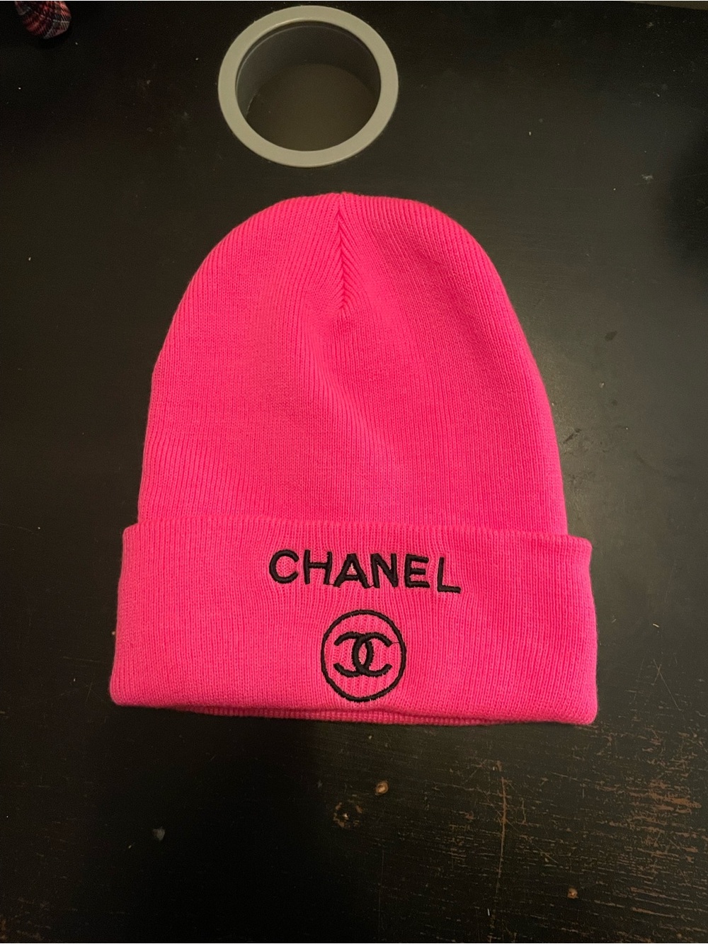 CHANEL Hot Pink Beanie with Black Embroidered Logo